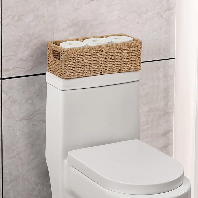Vagusicc Wicker Storage Basket, Paper Rope Wicker Baskets with Handles, Toilet Paper Basket for Toilet Tank Top, Small Wicke Baskets for Organizing Shelves, 2-Pack, Natural