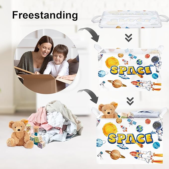 Clastyle Cosmic Space Planet Laundry Basket Star Kids Clothes Book Storage Basket Gift Toy Box for Bedroom Decor,Rocket,40x30x30 cm