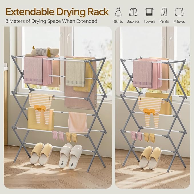 KINGBOARD Clothes Drying Rack, Collapsible Drying Rack Clothing with 11 Poles, 3-Tier Laundry Drying Rack, Small Clothes Drying Rack Foldable for Baby Clothes, 25lb Capacity, Grey