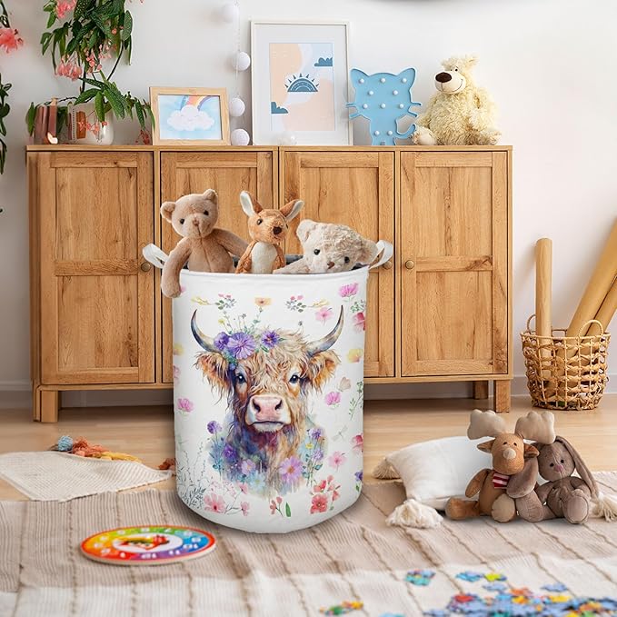 Floral Highland Cow Laundry Basket, Toybox for Girls Room, Gifts for Cow Lovers Women Laundry Hamper Waterproof Collapsible Storage Bin Organizer for Bedroom Bathroom Girls Room Dorm