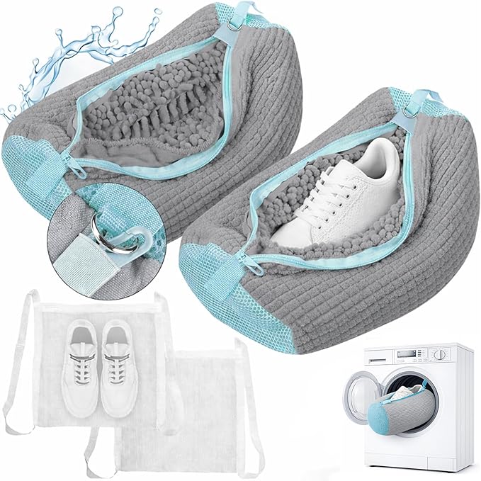 Shoe Washing Machine Bag, Shoe Laundry Bag for Washer and Dryer, Include Dry Net Bag, Reusable and Durable Zipper with Hook Design, Shoe Washing Bag for Sneaker (Gray, 2 Pack)
