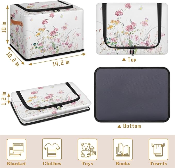 Boho Floral Flowers Storage Basket - Rectangular Decorative Box Collapsible Organizer with Zipper Lid, Watercolor Butterfly Bin with Handles for Girl Woman Her Bedroom, 24L