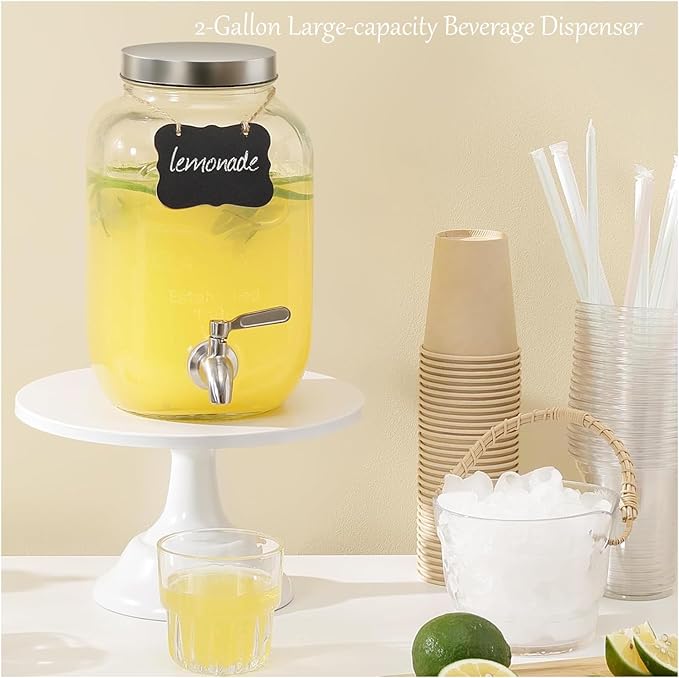 2 Gallon Christmas Drink Dispenser with 18/8 Stainless Steel Spigot – Glass Mason Jar for Sun Tea, Iced Lemonade, Holiday Parties, Outdoor Use & Laundry Detergent Holder