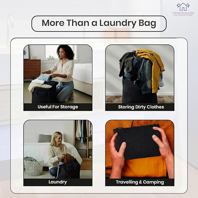 LFH Home Large Premium Cotton Canvas Laundry Bag with Drawstring and Handles Heavy Duty, Multi-Use, and Washable for Home, Travel, College or Storage 28x36 (Pack of 2)-Black
