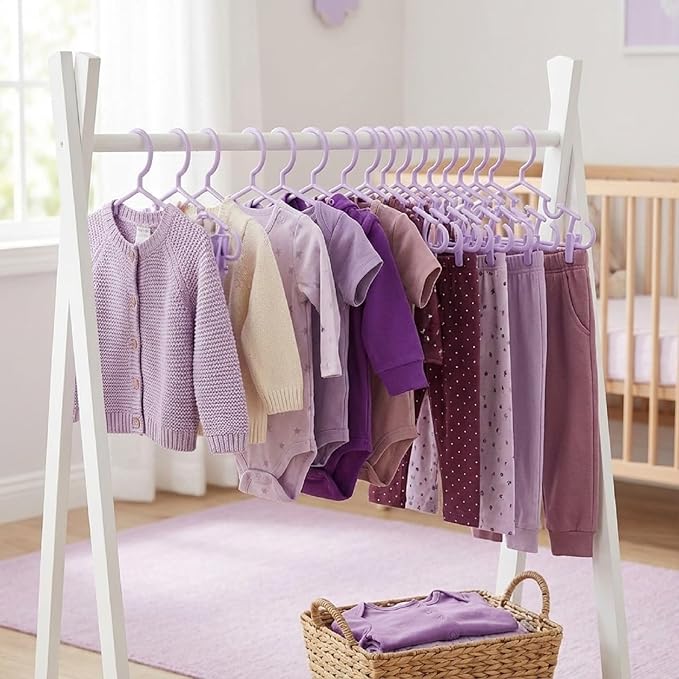 Hsei 60 Pack Pastel Color Kids Nursery Hangers Plastic Baby Hangers Heavy Duty Toddler Hanger for Pants, Coat, Skirts, Closet, Nursery Decor(Purple)
