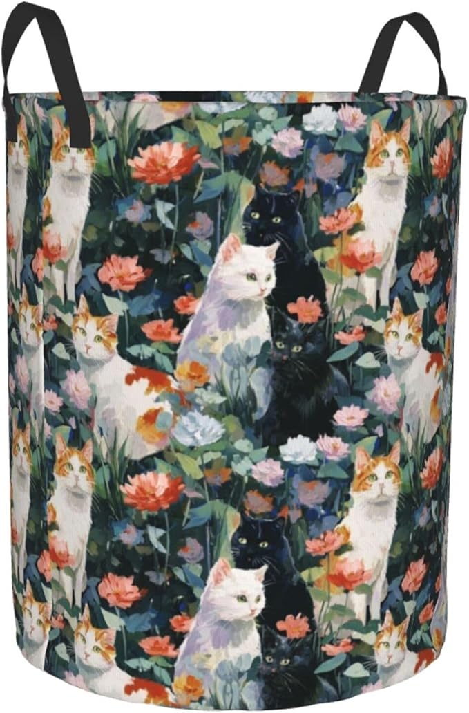 Cat Flowers Laundry Basket Storage Bin Foldable Laundry Hamper Clothes Storage Bucket Organizer 19.6x15.7 Inch For Laundry Room/Bedroom/Bathroom