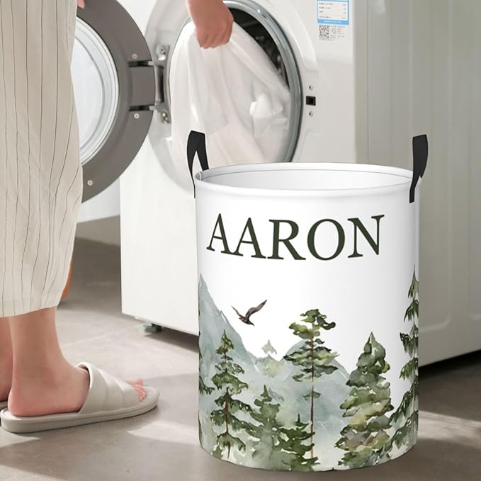 Personalized Laundry Basket for Nursery, Custom Nursery Laundry Hamper with Name, Customize Baby Clothes Circular Hamper for Boys Girls Room Decor, Mountain