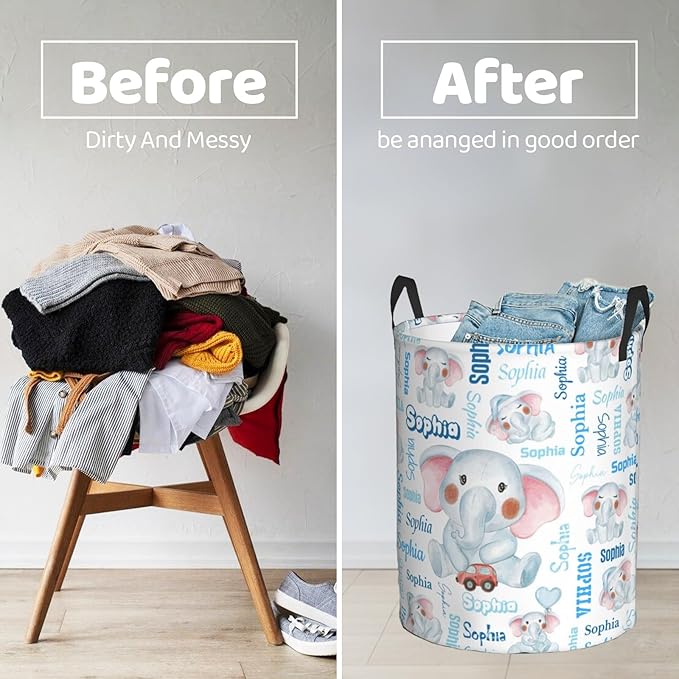 Personalized Elephant laundry basket, Customizable cute Laundry Hampers, Custom name Laundry Hamper, Customized Elephant Hamper with name for Living Room Bedroom Bathroom Barbershop