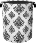 Black White Damask Flower Foldable Laundry Hamper - Waterproof Fabric Storage Basket with Handles, Clothes Hampers for Laundry,Bedroom,Dorm