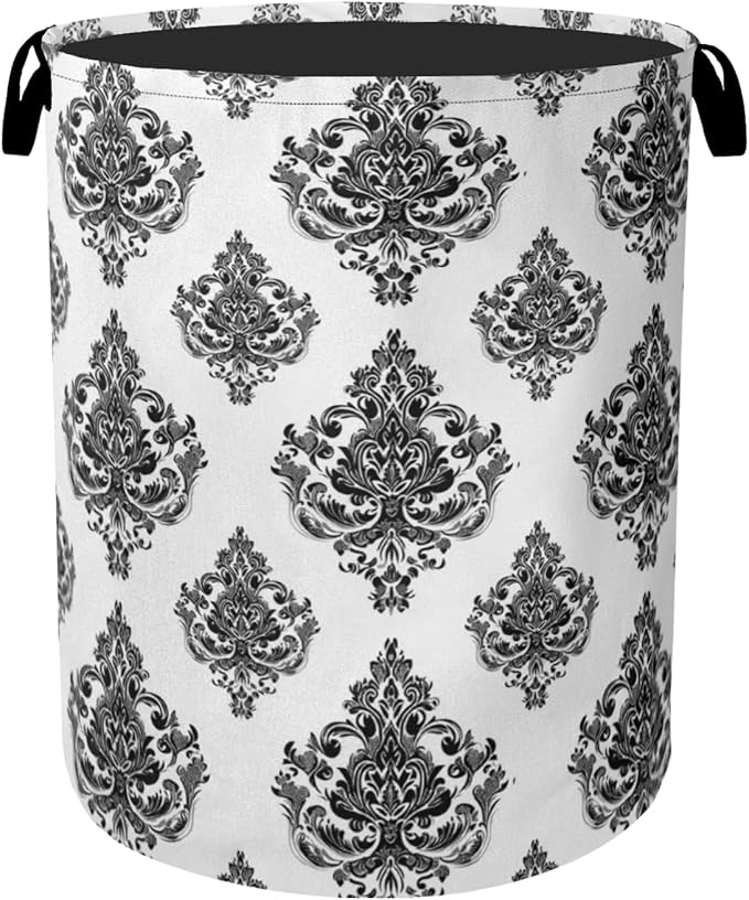 Black White Damask Flower Foldable Laundry Hamper - Waterproof Fabric Storage Basket with Handles, Clothes Hampers for Laundry,Bedroom,Dorm