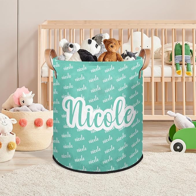Custom Name Laundry-Hamper, Personalized Cyan Kids-Clothes-Hamper Foldable with Name, Customized Storage Basket with Handles Waterproof Gift for Boys Girls Baby Women