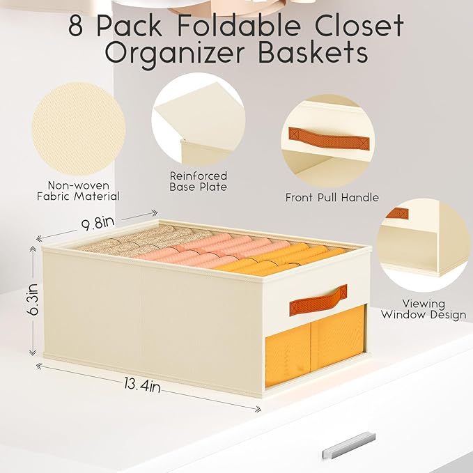 Drawer Organizers and Storage - 8 Pack Foldable Pants Organizer with Clear Window & Handles, Fabric Closet Organizer for Clothes, Jeans, Sweaters, Towels, T-shirt, Scarf (Beige)