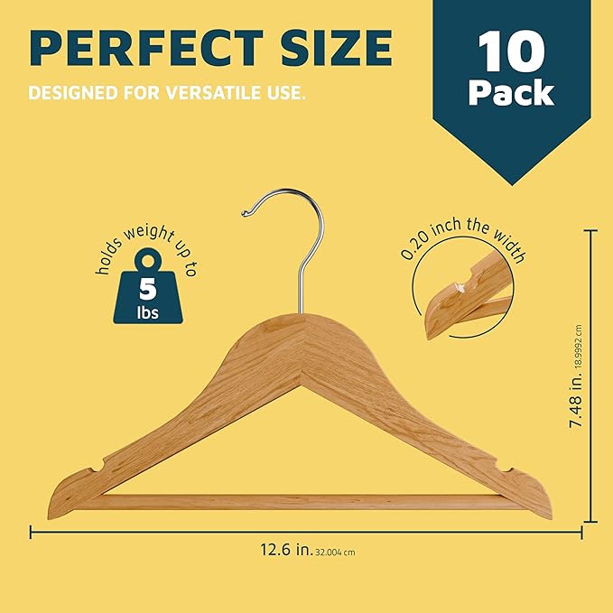 Natural Color Wooden Kids Hangers 10 Pack, Toddler & Baby Wooden Hangers, 11.8" Solid Maple Wood with 360° Swivel Hook, Pants Bar & Notches, Up to 7.7lb Capacity, Space-Saving Design for Ages 0–8
