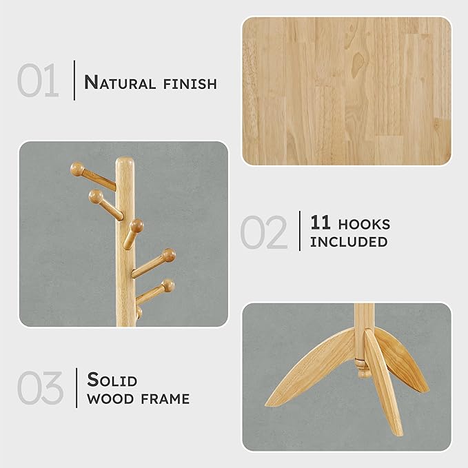 Lexicon Sturdy Solid Wood Coat Rack Stand with 11 Hanging Hooks for Hats,Scarves, Handbags, 7-Tier Wooden Coat Rack Freestanding Tree Used in Bedroom, Entryway, Hallway, Office, Natural