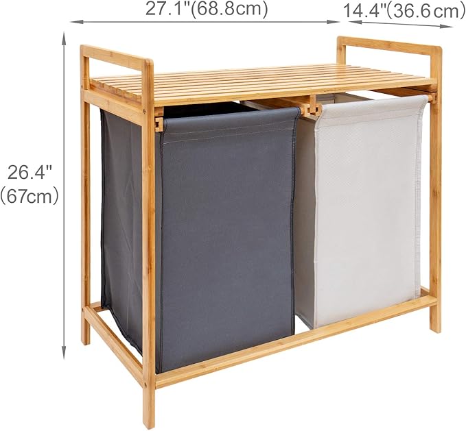 Bamboo Laundry Hamper and Shelf, 2 Sections Basket with Removable Liner, Dual Compartments Organizer and Storage, Wooden Sorter with Sliding Handles
