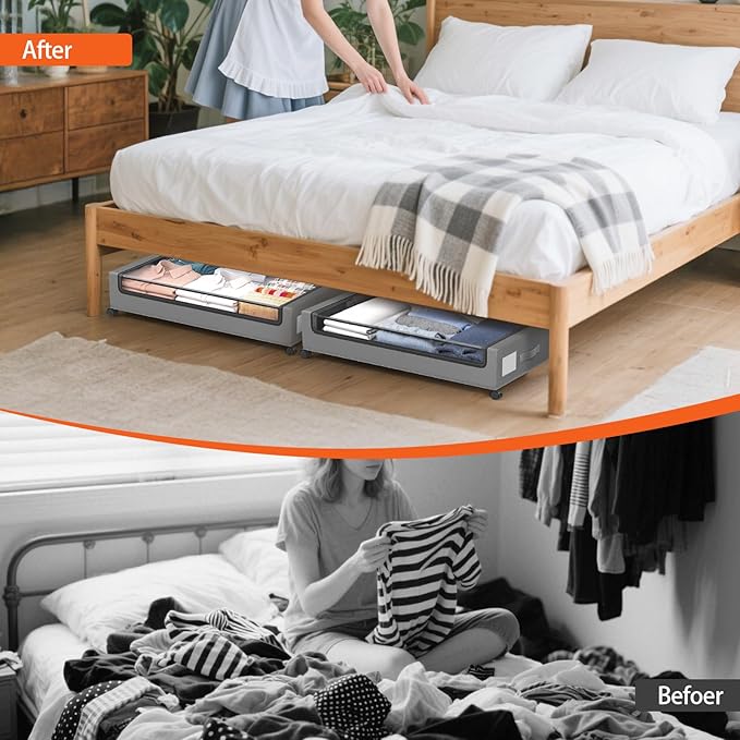 Under Bed Storage Containers with Wheels - Foldable Organizer Bins for Blankets, Clothes, Shoes, Toys, and Comforters.Capacity, Space Saving, Easy Pull Out, Clear PVC (Gray-2)