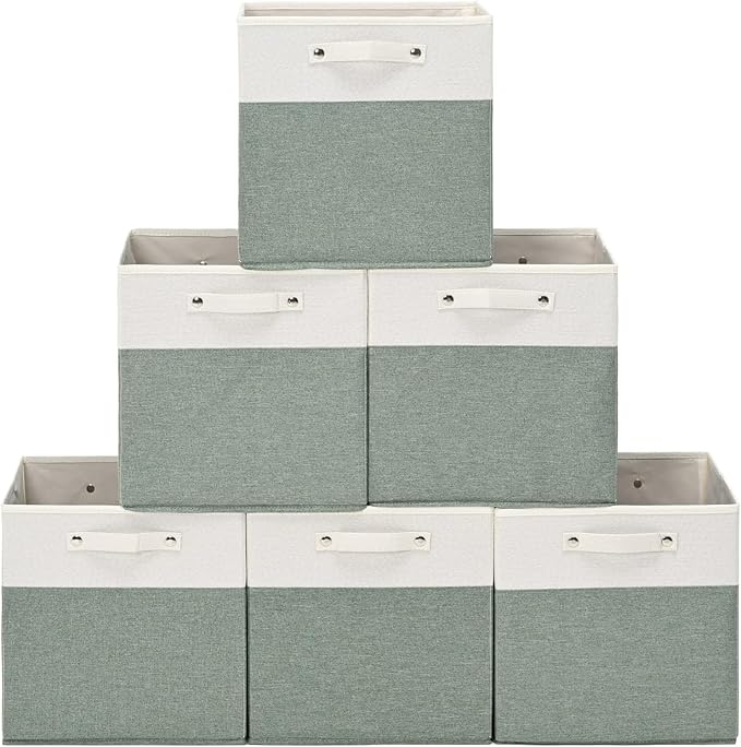 13 x 13 Inch Fine Linen Storage Bins with Handles，Fabric Cube Boxs，Basket Organizers for Shelves for Home, Closet Drawers (White/Green-6 Pack)