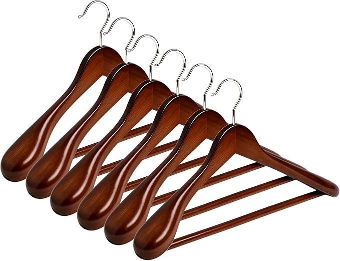Premium Wooden Suit Hangers for Men Women, 6 Pack Wide Shoulder Wooden Hangers with Non Slip Pants Bar for Suits, Coats, Jackets, Dress, Heavy Duty Wide Clothes Hanger, Walnut