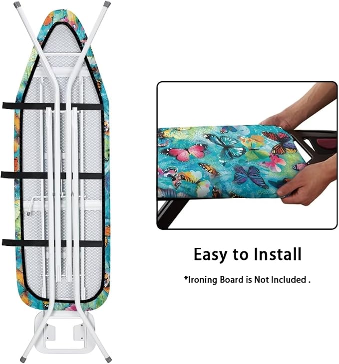 Colorful Butterfly Heat Reflective Iron Pad for Board Top Stain Resistant Stretchable Premium Fabric Non Stick Scorch Standard Size Ironing Board Cover for 15 x 54 Inch Ironing Boards