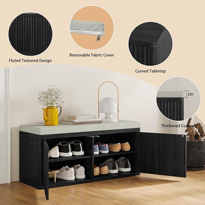 Double Layered Shoe Cabinet with Bench,Wooden Shoe Bench with Soft Cushion,Double Door without Handle Pressing Spring,Fluted Panel,Suitable for Entrance,Corridor and Living Room (Shoe Bench-Black)