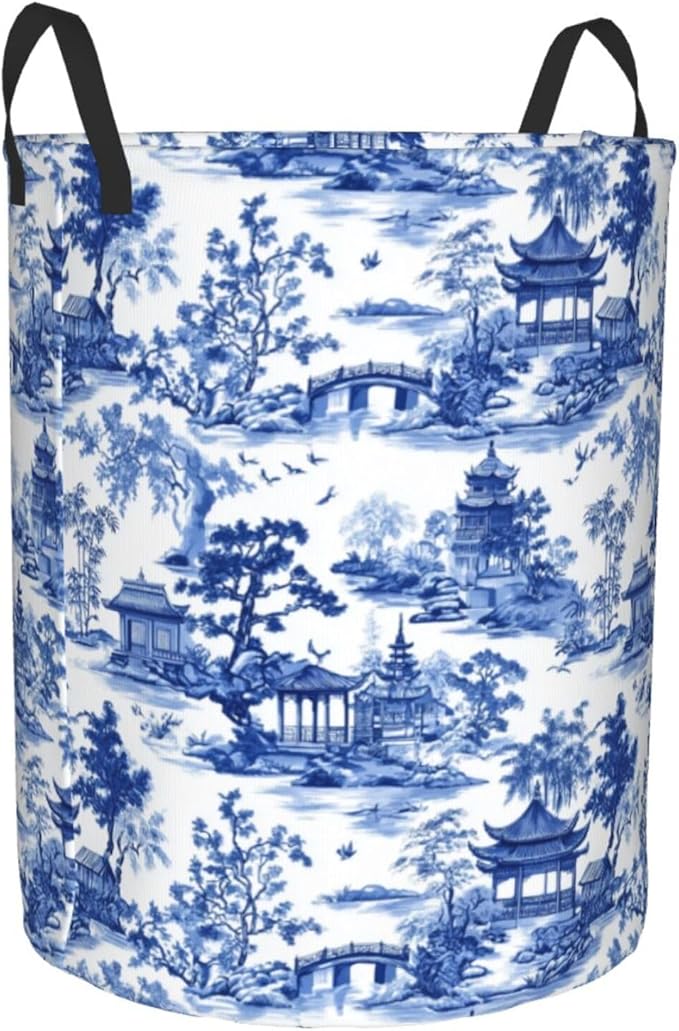 Chinoiserie Laundry Basket Storage Bin Foldable Laundry Hamper Clothes Storage Bucket Organizer 19.6x15.7 Inch For Laundry Room/Bedroom/Bathroom