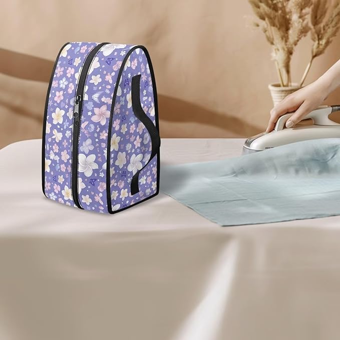Purple White Floral Iron Portable Storage Bag for Travel Fade Resistant Protective Carrying Bags Compatible with Full-size Irons with Handle Zippered Bag Case Only