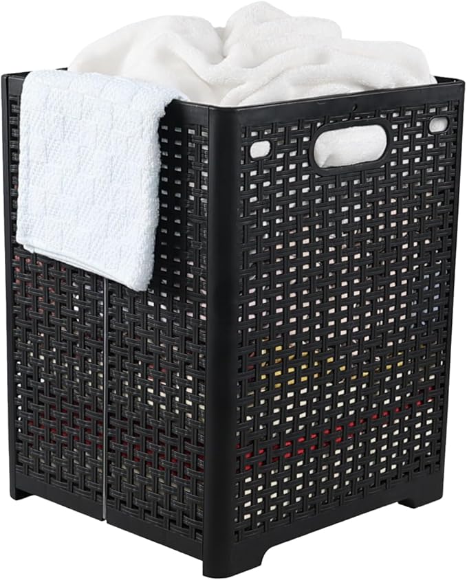 40 L Collapsible Plastic Clothes Laundry Basket Hamper, Tall Foldable Laundry Basket, Black