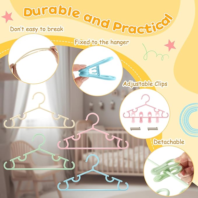 Hsei 5/10/40 Pack Baby Hangers with 10/20/80 Clips, Plastic Kids Pants Hangers for Nursery Closet Top and Bottom Clothes Hanger Set for Newborn Infant Toddler(120 Packs Total,Multicolor,10.6 Inch)