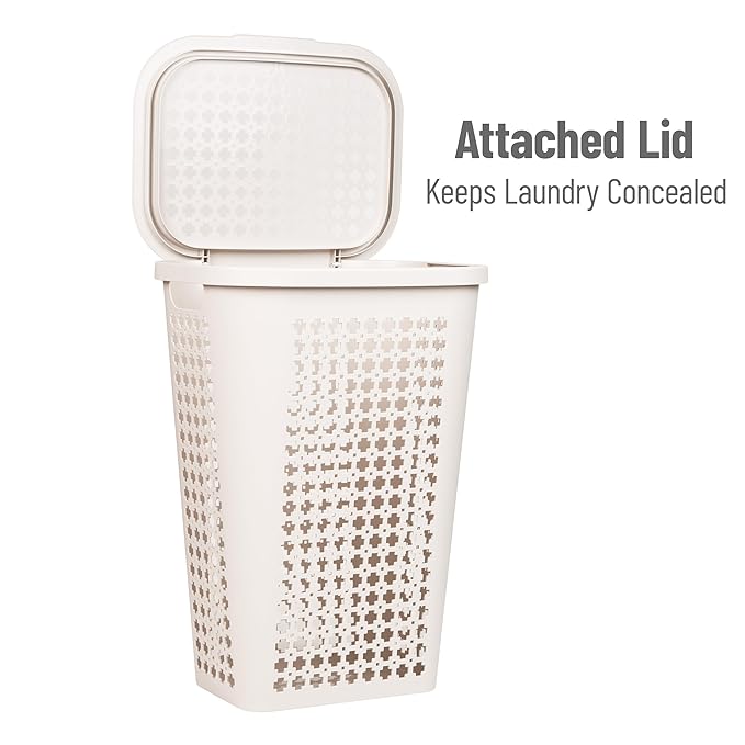 Mind Reader Slim Tapered Laundry Hamper with Lid, Clothes Basket with Swiss Cross Cut-Outs, Lightweight & Ventilated, Plastic, 16.75"L x 12.75"W x 23"H, Ivory