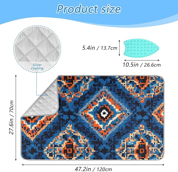 Ironing Mat Pad for Table Portable Travel Iron Blanket Ironing Board Covers Pressing Mat Heat Press Pads 27.6x47.2 Inches Blue Retro Pattern Bohemian61