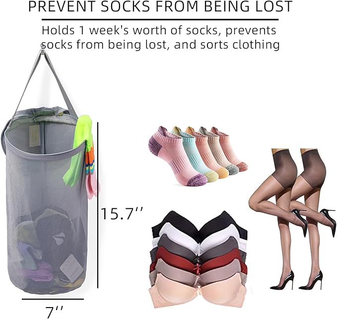 Large Capacity Sock Laundry Bag With Wire Construction Opening Use YKK Zipper Tote Bag Bathroom Hanging Suitable For Underwear, Socks Fine Mesh Laundry Bag 1 Grey