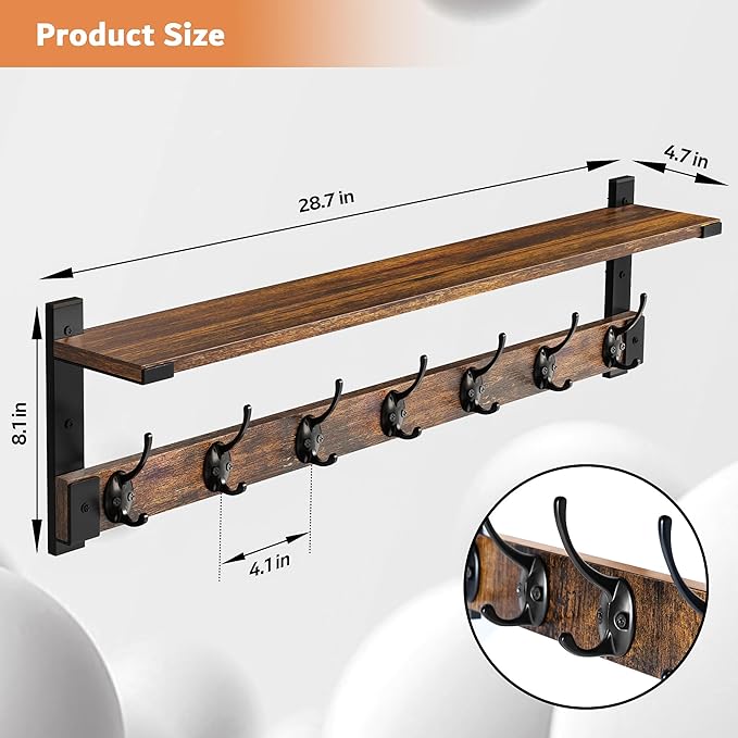 Wall Hooks with Shelf, 28.7 Inch Coat Rack Wall Mount with Hook for Coat Backpack Key Clothes Hanger, Wall Floating Shelf Hanging in Entryway, Living Room, Bathroom, Bedroom, Kitchen