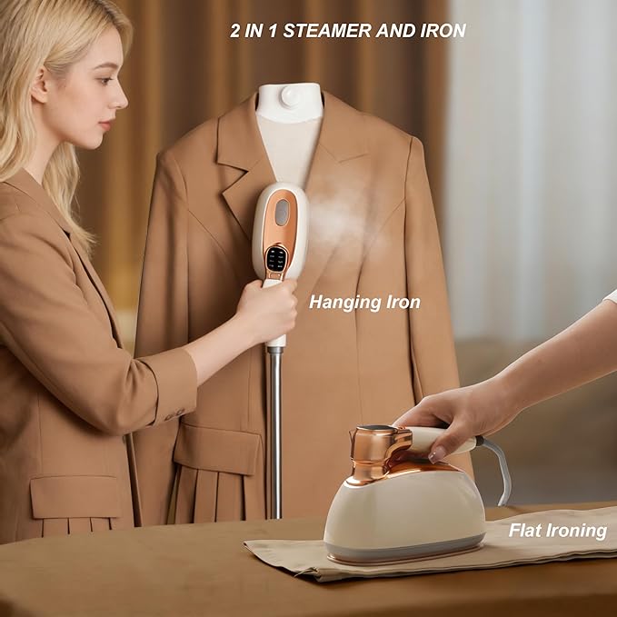 Garment Steamer for Clothes 1400W Portable Travel Steamer 180°Rotating Handle lancha a Vapor Para Ropa with LCD Display Handheld Wrinkle Remover, 260mL Water Tank, Beige