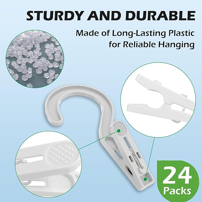 24pcs Laundry Hooks Clip Plastic Clothes Hangers Pins Super Strong Hanger Clips for Bathroom Travel Portable,White