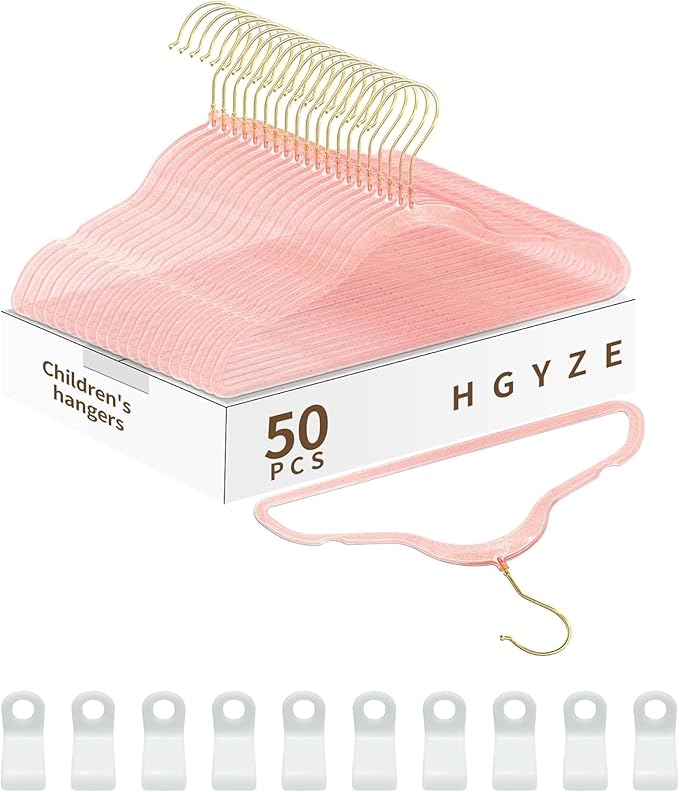 HGYZE Kids Hangers for Baby Clothes, 50pcs Toddler Hangers with 360° Swivel Golden Hook, 12.5" Acrylic Glitter Hangers, Pink Sparkling Hangar with Glitter for Infant Girl Dresses Coat Sweater Nursery
