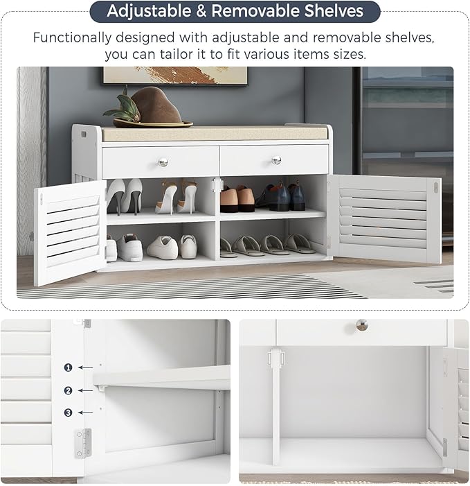 Shoe Storage Bench with Cushion, Shoe Bench, Padded Seat, 2 Drawer Storage, Entryway, Hold up to 300lbs, 15.8 x 32.29 x 18.1 Inches, White