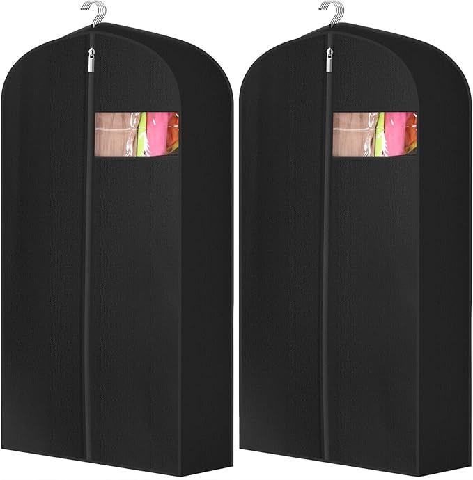 2 Pcs 10" Gusseted Garment Bags for Hanging Clothes Dress Bags for Gowns Long Closet Waterproof Garment Covers Wedding Dress Cover Traveling Clothes Protector (Black,43 Inch)