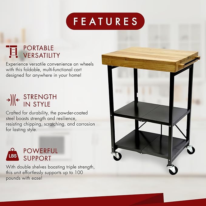 Origami Folding Kitchen Cart on Wheels | for Chefs Outdoor Coffee Wine and Food, Microwave Cart, Kitchen Island on Wheels, Rolling Cart, Kitchen Appliance & Utility Cart | Black with Wood