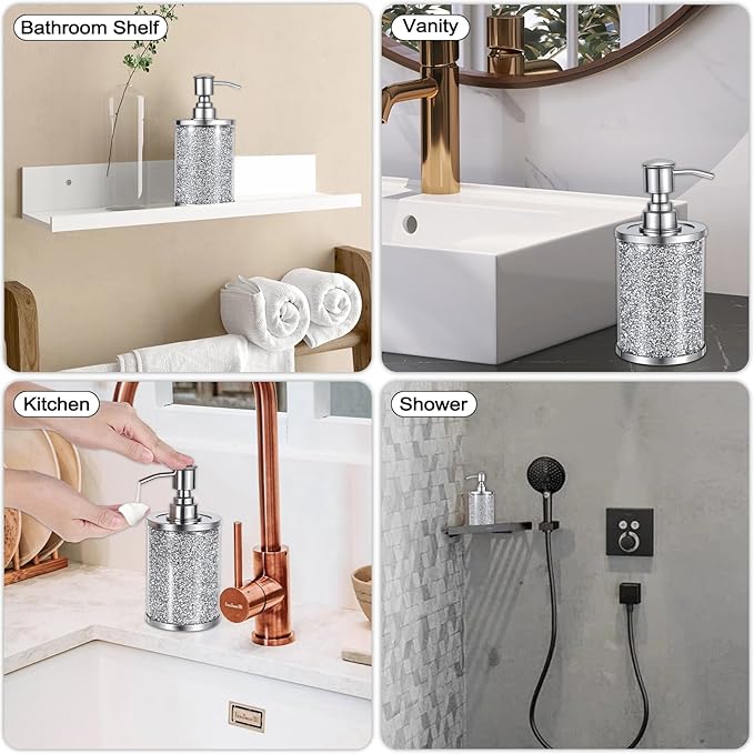 Sumnacon Soap Dispenser Bathroom Sparkling Hand Dispenser with Stainless Pump,Silver Crushed Diamond Dish Soap Dispenser for Kitchen Decorative Soap Dispensers for Kichen Sink Bathroom Countertop