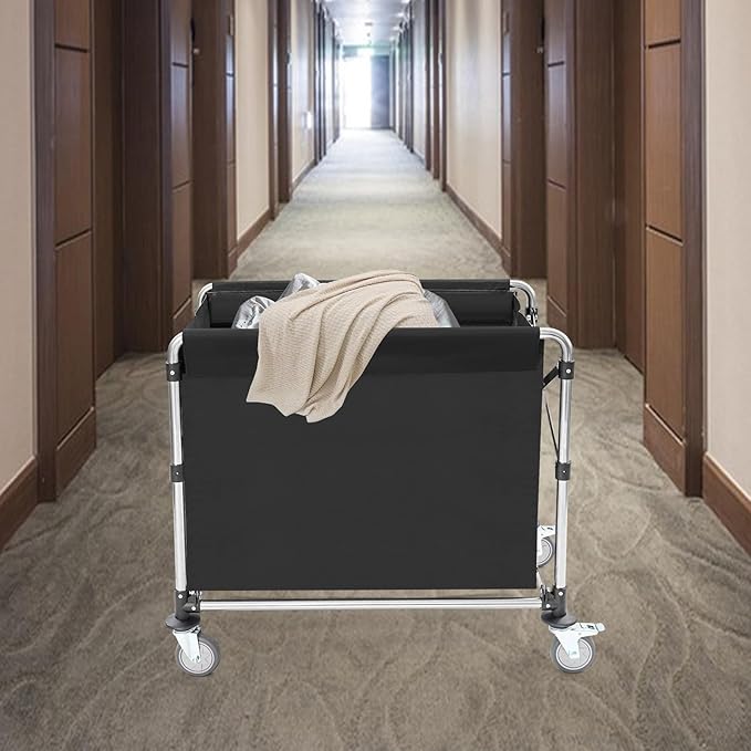 Commercial Laundry Cart with Wheels, 440lbs Heavy Duty Folding Laundry Cart, Rolling Laundry Basket with Oxford Cloth Hamper, 34.25 * 20.47 * 30.7in for Home, Dorm, Hotel, and Commercial Use (Black)