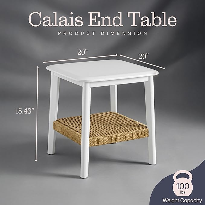 Alaterre Furniture Calais Side Table - 2-Tier Small End Table with Woven Storage Shelf - Wooden Nightstand for Small Spaces, Living Room, or Bedroom - Mid Century Modern Furniture (White, Set of 2)