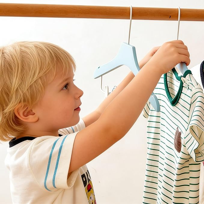 Blue 12.7" Ultra-Thin Wooden Children Closet Clothes Clips Hangers 20PCS Wood Baby Kids Coat Hangers for Infant Toddler Newborn Jumpsuit Pants Skirts Jeans Space Saving Heavy Duty Durable