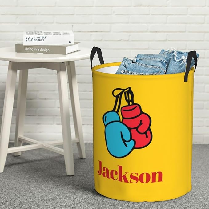 Personalized Laundry Basket for Nursery, Custom Nursery Laundry Hamper with Name, Customize Baby Clothes Circular Hamper for Boys Girls Room Decor, Fighting Gloves