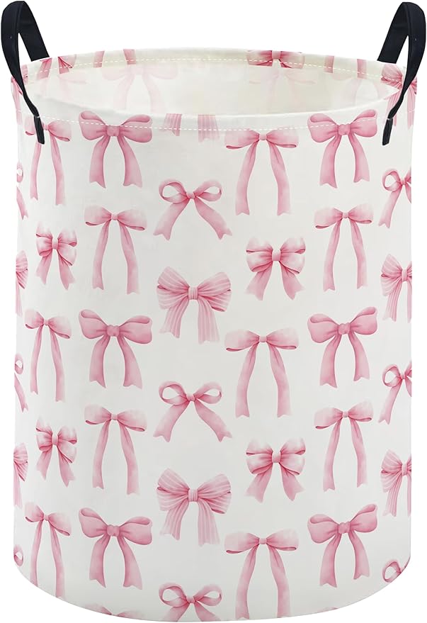 ESSME Kids Laundry Basket,Pink Hamper Collapsible Canvas Waterproof Storage Bin for Girls, Cute Hamper,Gift Baskets(Bowknot)