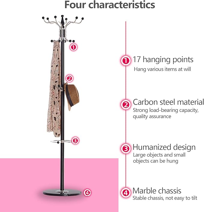 67" Metal Coat Rack Stand Satin Steel Marble Base with 16 Hooks Metal Tree Hat Rack & Coat Hanger Floor Standing Clothes Rack High-Grade Wall Bedroom Hall Entryway Organizer Storage,Black