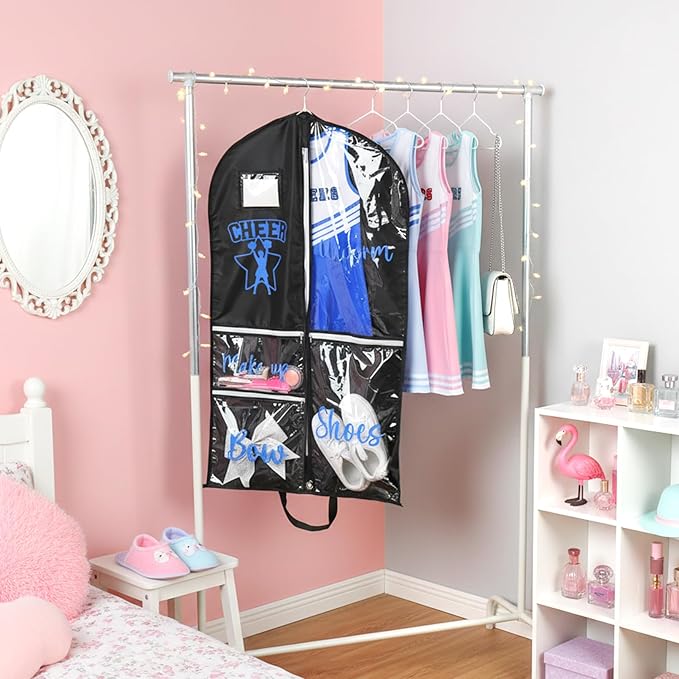 DEEKA Cheer Garment Bag for Hanging Clothes with Zipper Pockets Cheer Accessories Mom Essentials Uniform Costume 40 Inch Black Bags Stuff for Cheerleading Girls (Black,Blue-Cheer Star Logo)