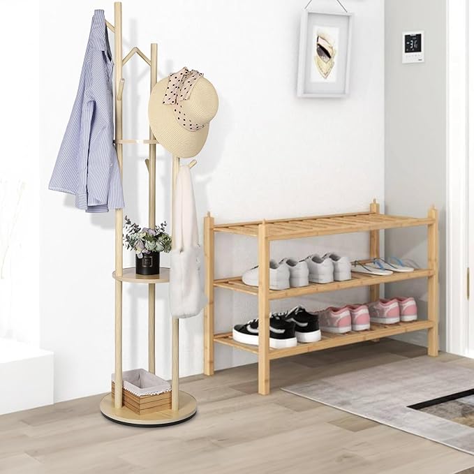 Wood Coat Rack with 3 Shelves and 9 Hooks, Freestanding Rotary Coat Tree for Entryway, Bedroom, Living Room, Hallway – Holds Jackets, Coats, Hats, Bags (Natural)