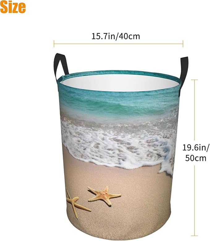Laundry Basket Beach Starfish Room Decor,Round Laundry Hamper Waterproof Dirty Clothes Hamper Collapsible Laundry Baskets With Handles,Toy/Clothes Storage Beach Towel Basket For Dorm Bathroom Decor