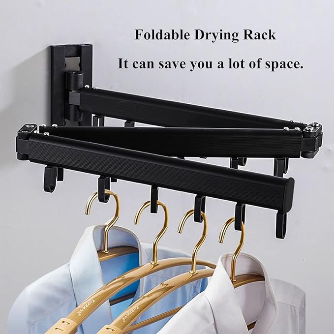 Wall Mount Clothes Drying Rack With Hooks, Retractable Stainless Steel Coat Hanger Rack, Collapsible Clothing Rack, Folding Clothes Hanging Rack for Laundry Balcony Mudroom Bedroom(Black)