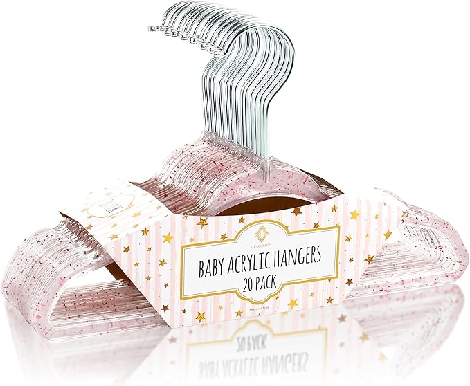 CONCEPTS 20 Pack Baby Hangers Kids Acrylic Non Slip Glitter Clothes Hangers for Toddler Infant Newborn Closet Organizer Small Hangers for Baby Clothes Pants Shirts Space Saving Nursery